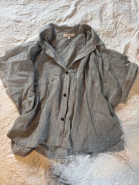 fun 2 fun Black and White Gingham Short Sleeve Button Front Blouse